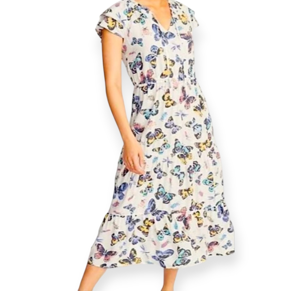 OLD NAVY butterfly Tierred Waist-Defined Ruffle-Maxi dress boho cottagecore S